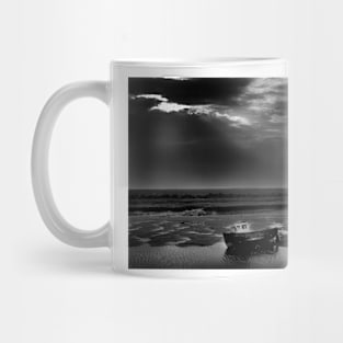 Fishing boat at low tide at Burnham Overy Staithe, Norfolk, UK Mug